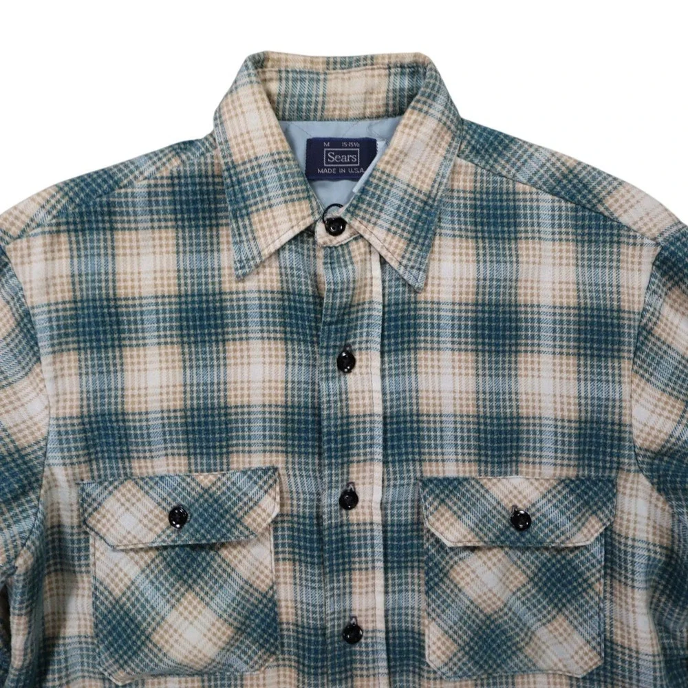 Sears Quilted Flannel Shirt Jacket Mens Medium Blue Plaid Excellent Vintage‎